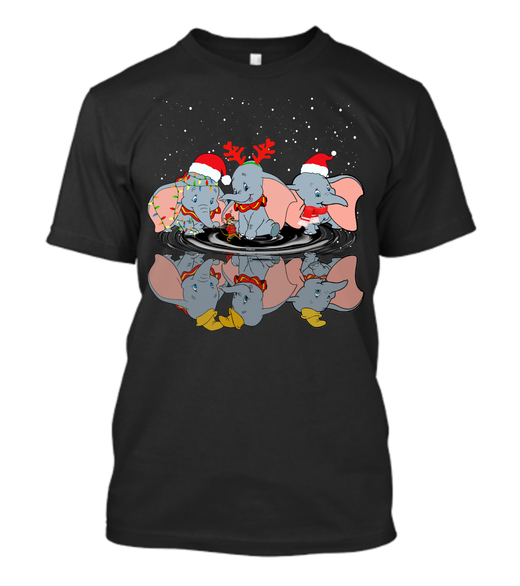 Dumbo Christmas Reflection With Santa Hat Reindeer Antlers And Holiday Lights T-Shirt
