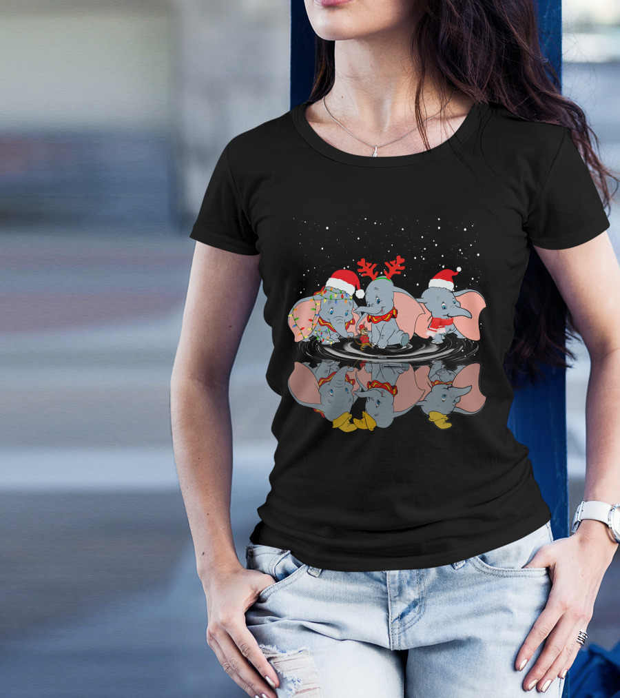 Dumbo Christmas Reflection With Santa Hat Reindeer Antlers And Holiday Lights T-Shirt