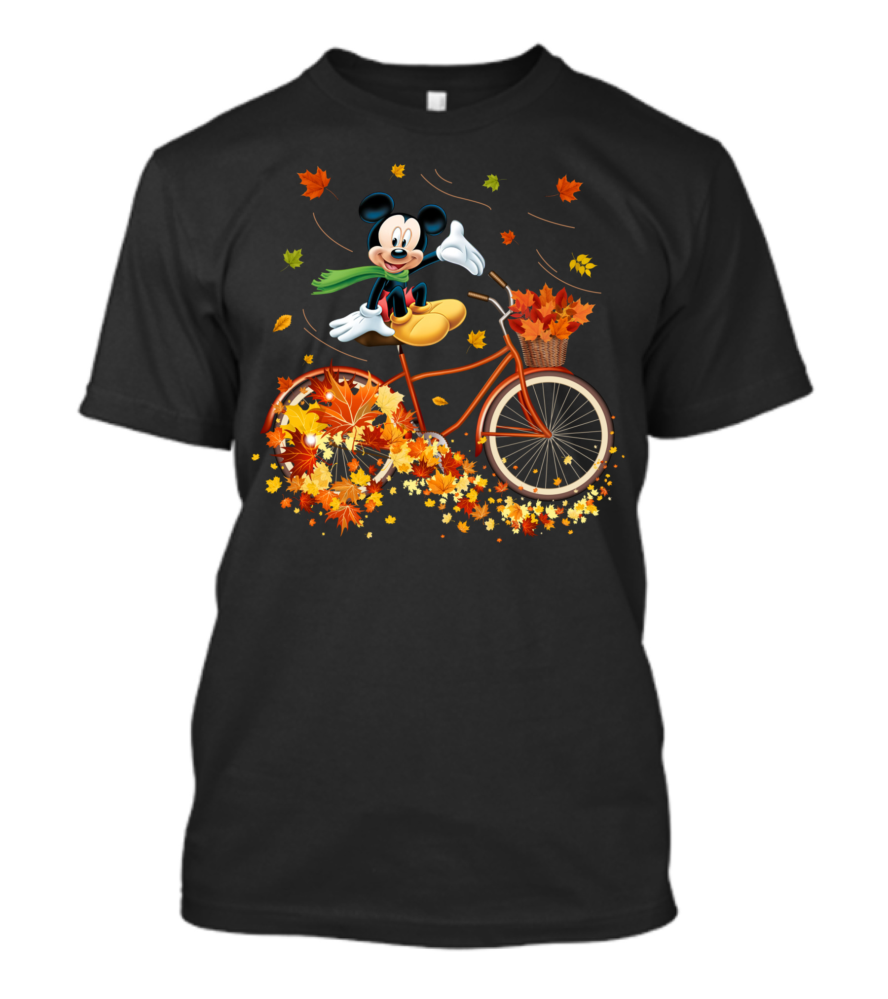 Mickey Mouse Autumn Leaves Bicycle Ride With Basket T-Shirt