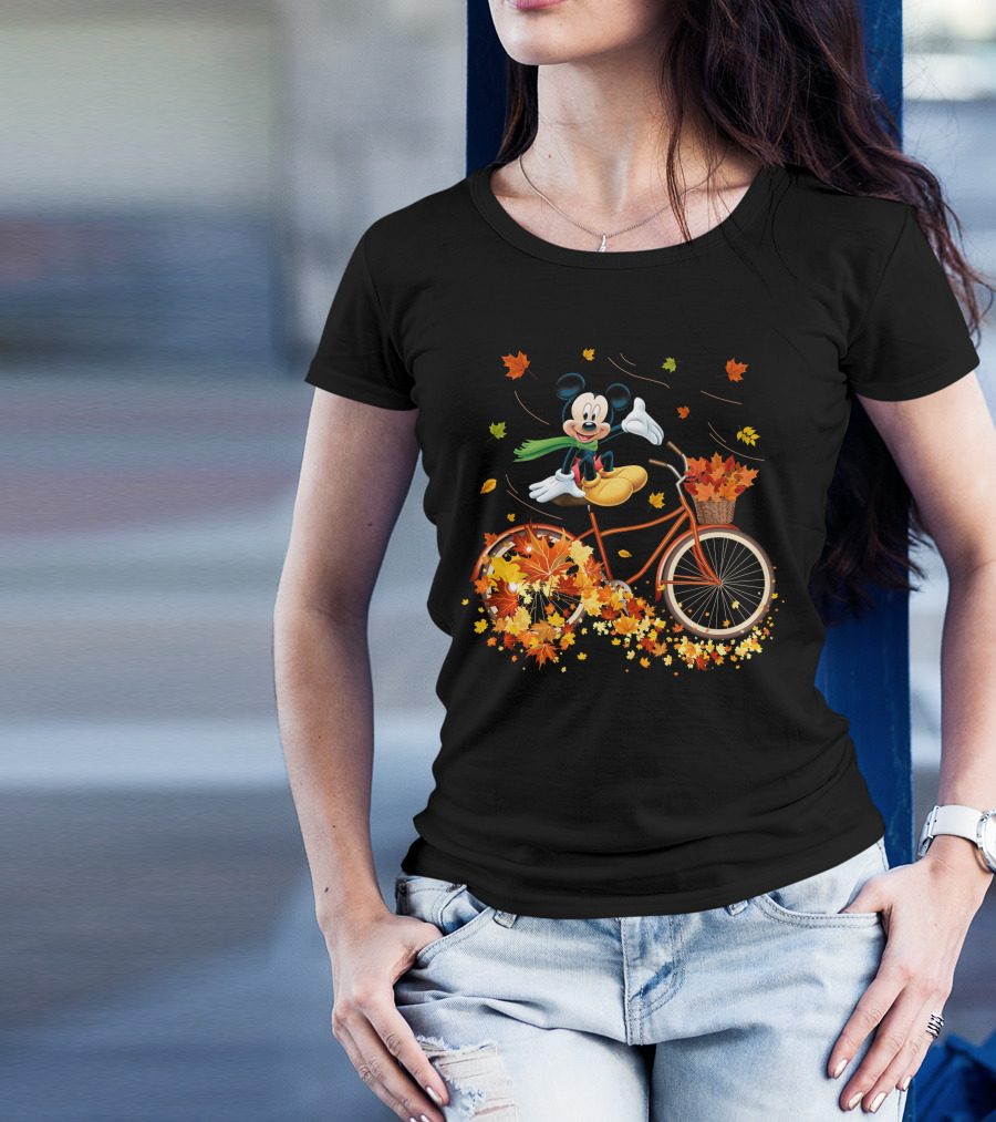 Mickey Mouse Autumn Leaves Bicycle Ride With Basket T-Shirt