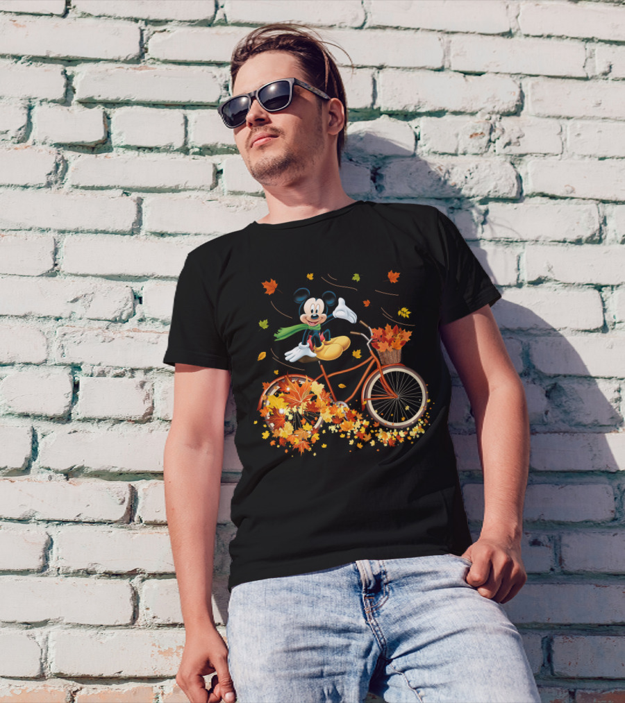 Mickey Mouse Autumn Leaves Bicycle Ride With Basket T-Shirt