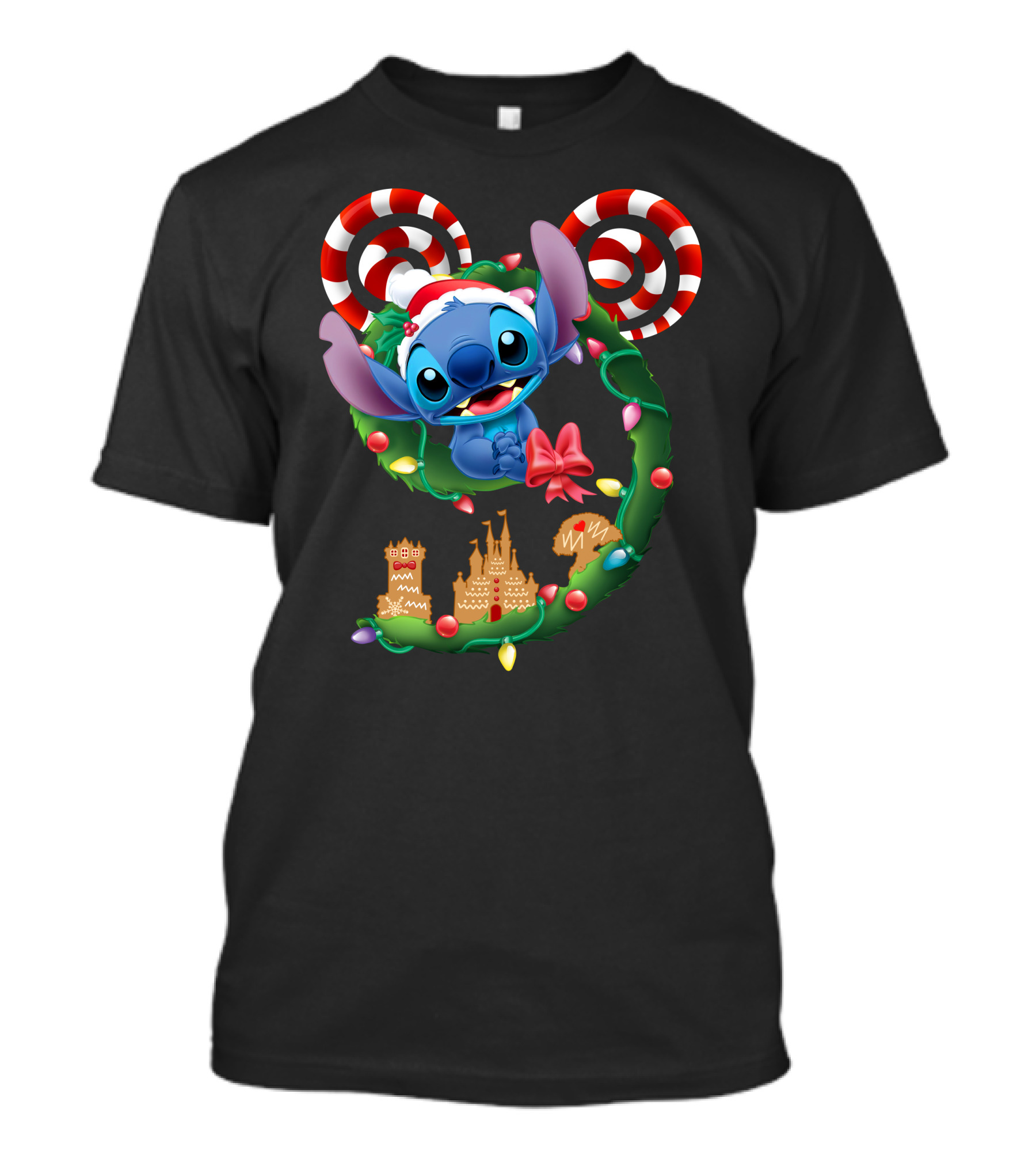 Stitch Christmas Wreath With Candy Canes And Gingerbread Castle T-Shirt