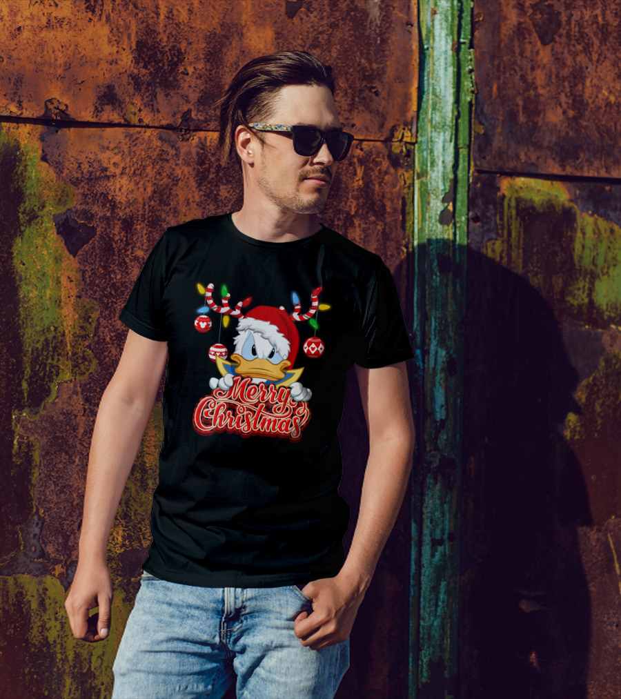 Merry Christmas Donald Wearing Santa Hat And Reindeer Antlers T-Shirt