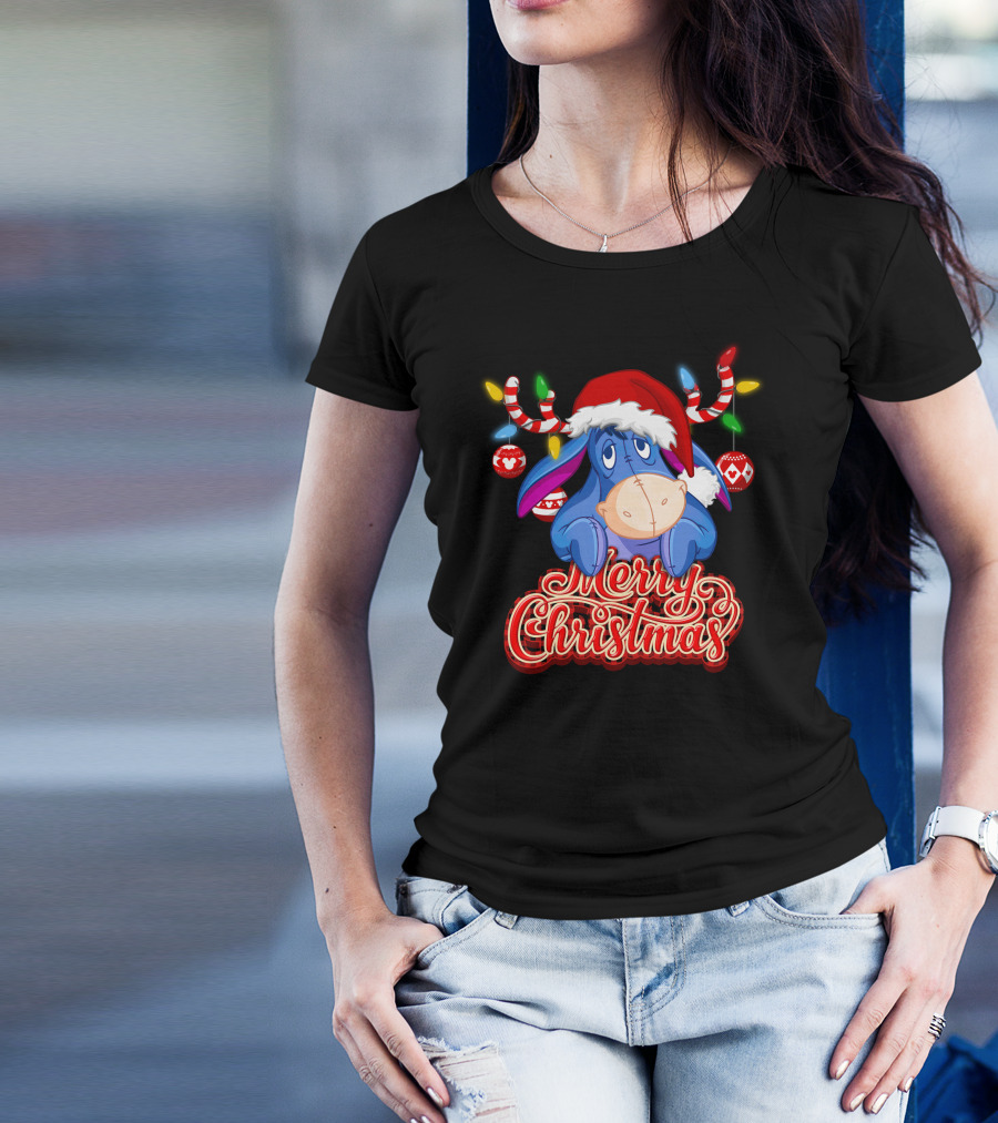 Eeyore Merry Christmas Santa Hat Reindeer Lights T-Shirt