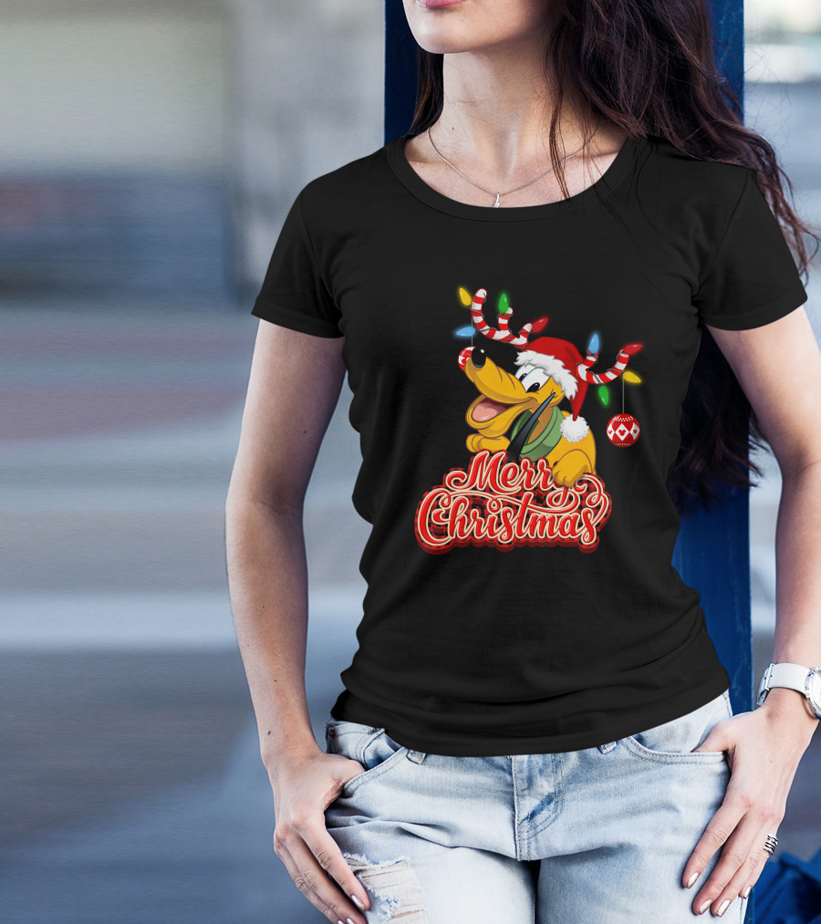 Merry Christmas Pluto Holiday Antlers And Santa Hat T-Shirt