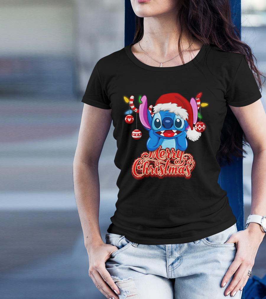 Merry Christmas Stitch Santa Hat Ornaments T-Shirt