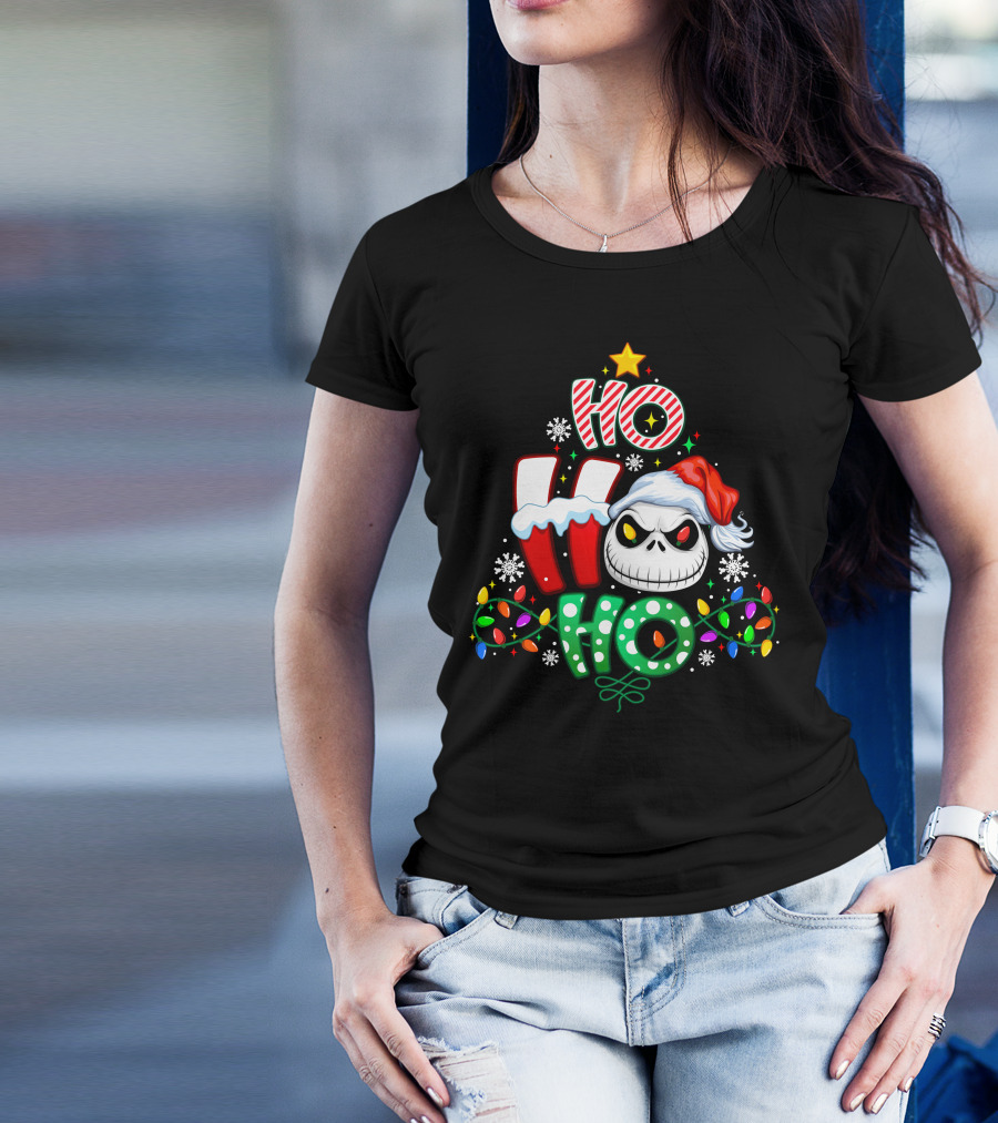 Jack Ho Ho Ho Skull Santa Hat Christmas Lights T-Shirt