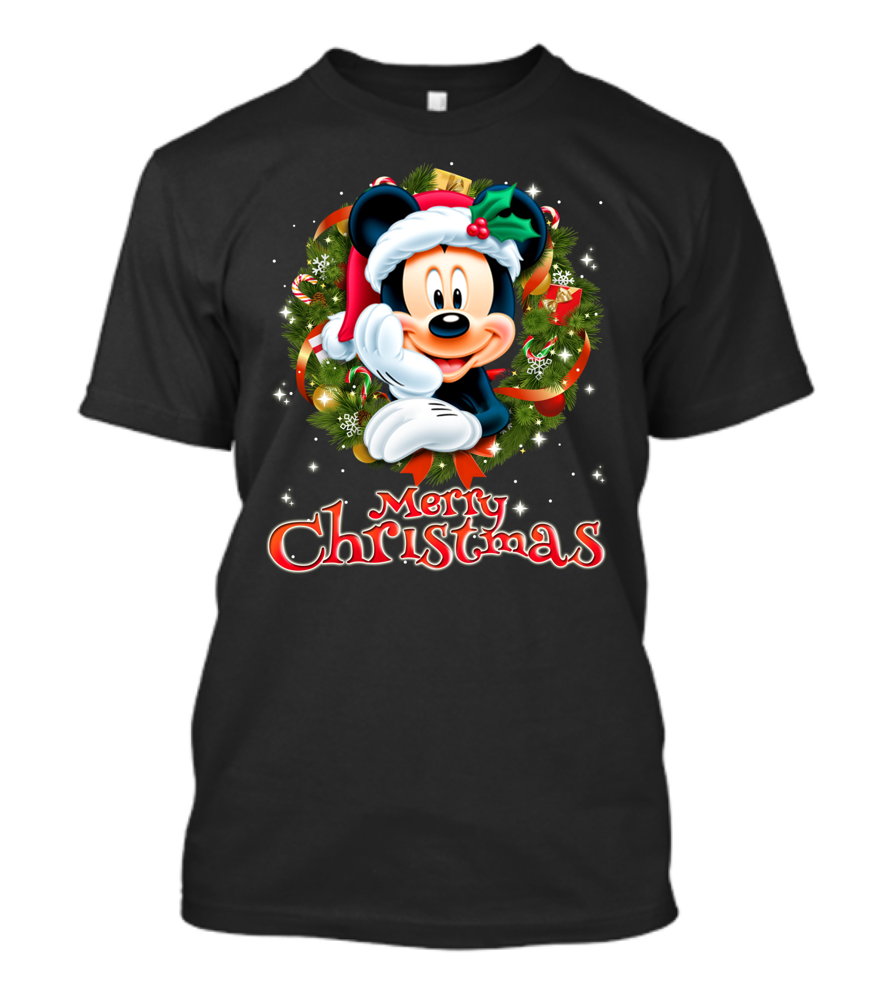 Mickey Merry Christmas Santa Hat With Holly Wreath T-Shirt