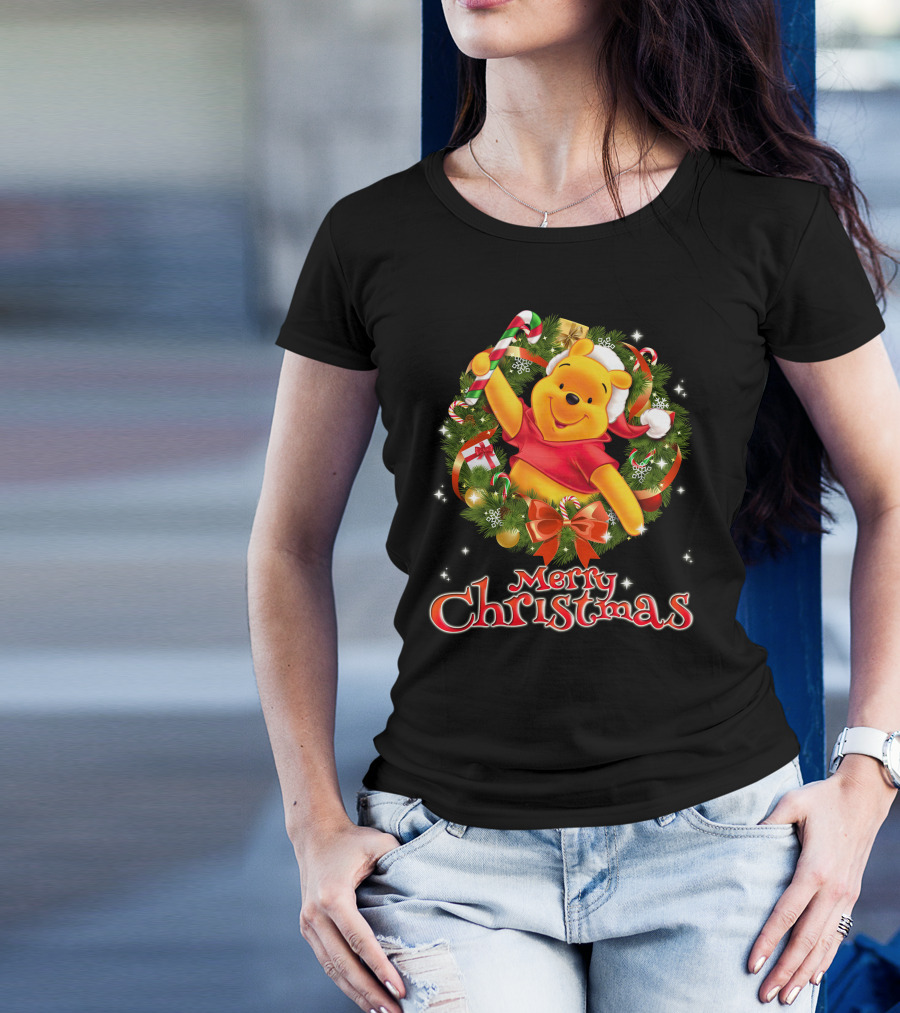 Merry Christmas Pooh Bear Wreath Candy Cane Santa Hat T-Shirt