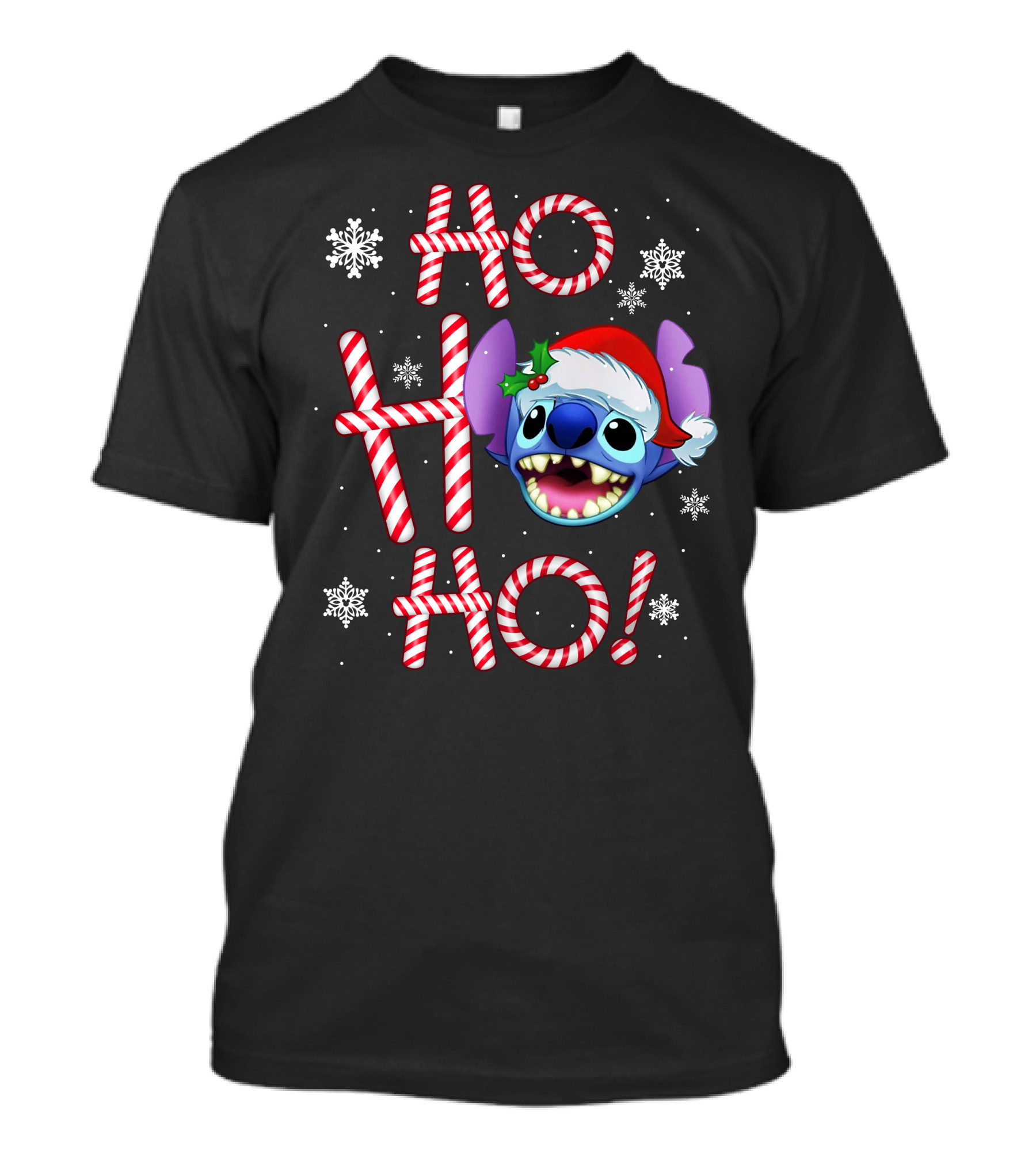 Ho Ho Ho Stitch Santa Hat Snowflakes Candy Cane T-Shirt