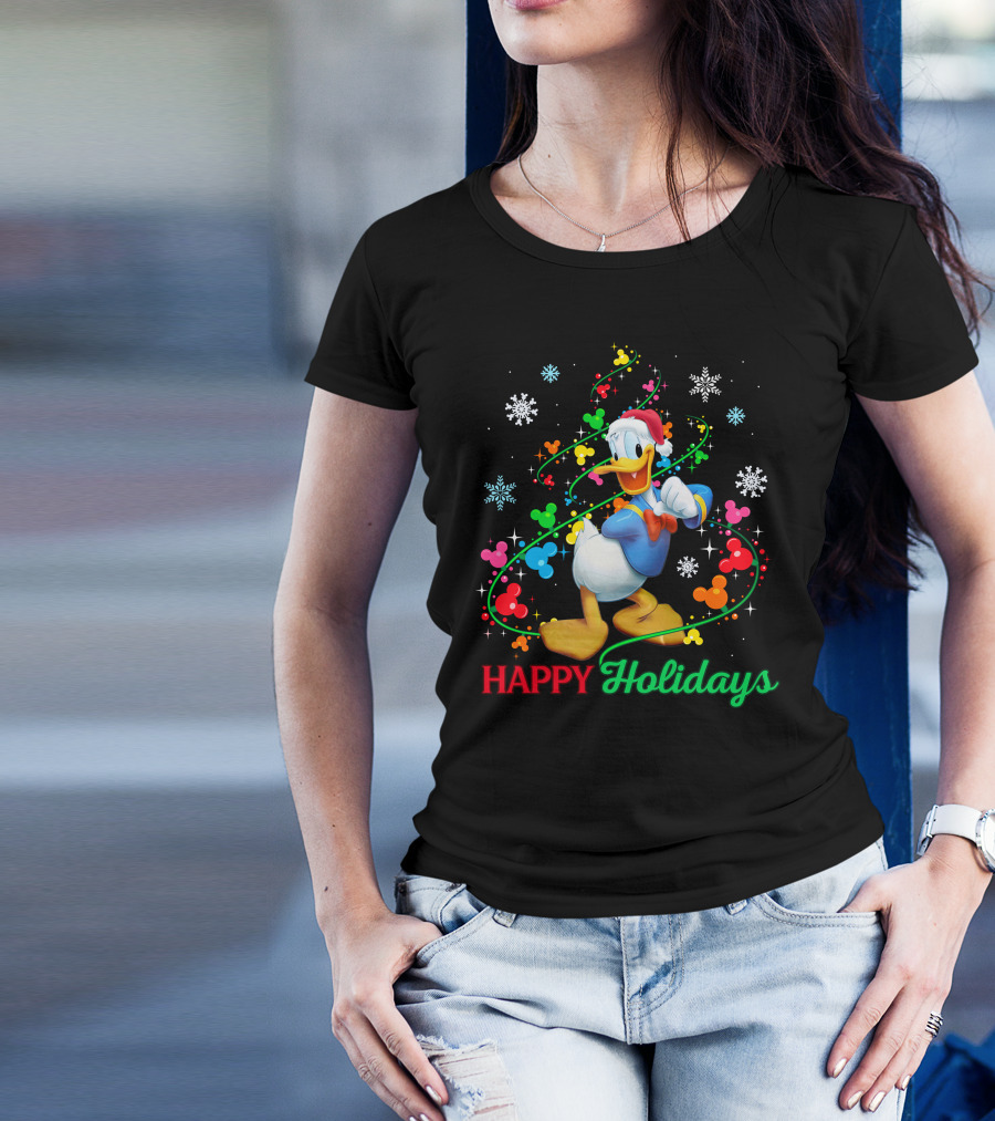 Happy Holidays Donald Duck Santa Hat Snowflake Icons And Mickey Heads T-Shirt