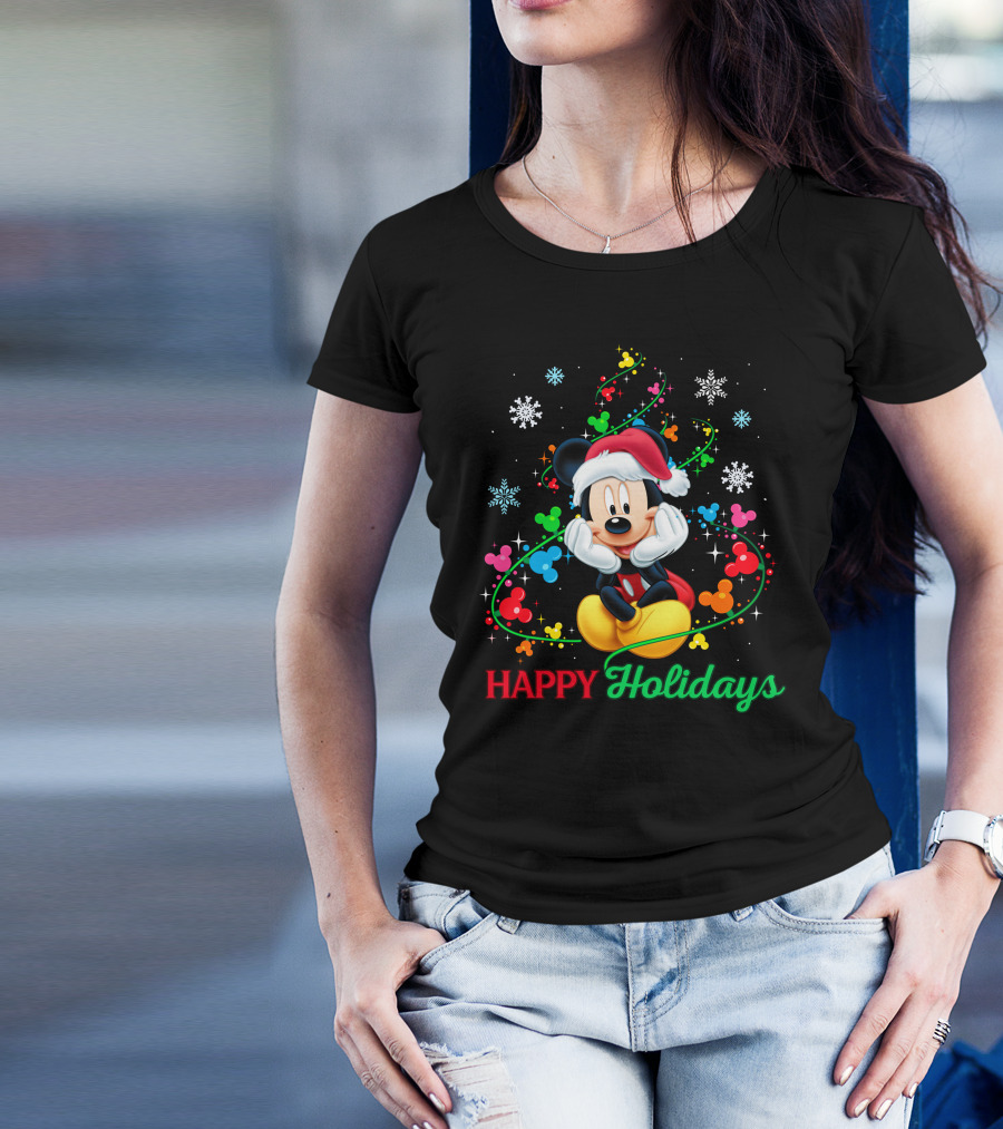 Mickey Happy Holidays Snowflakes Christmas Lights T-Shirt