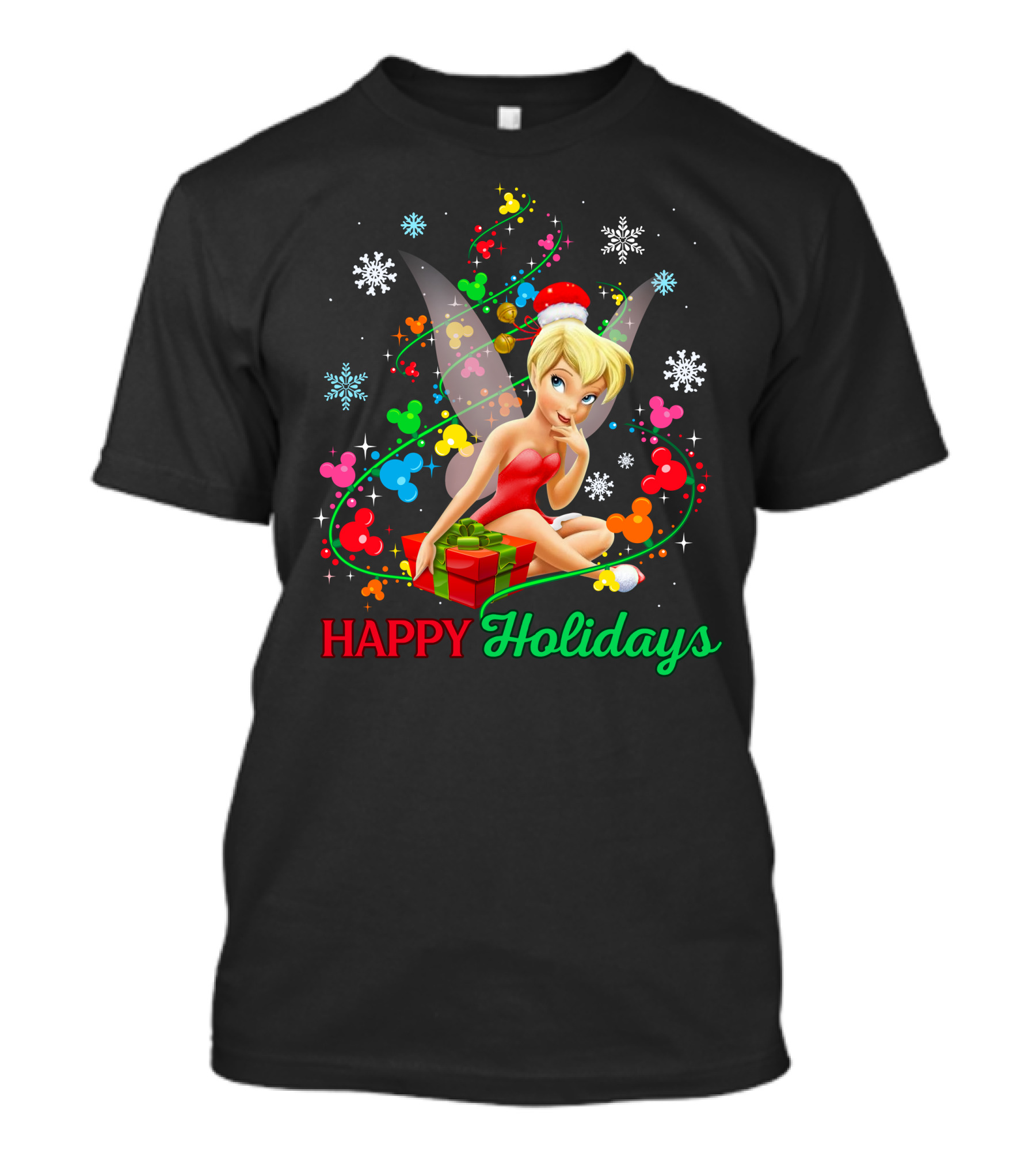 Happy Holidays Tinkerbell Santa Hat And Present T-Shirt