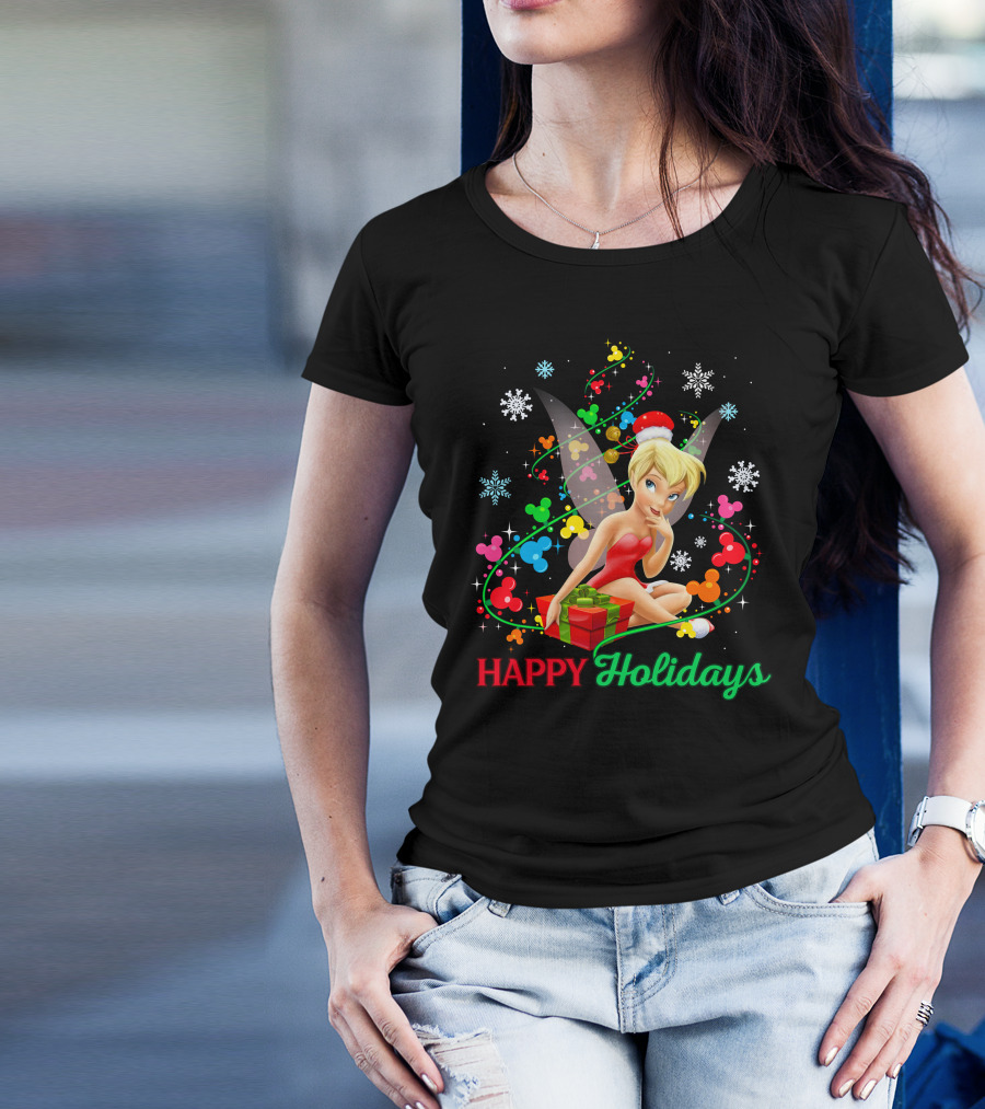 Happy Holidays Tinkerbell Santa Hat And Present T-Shirt