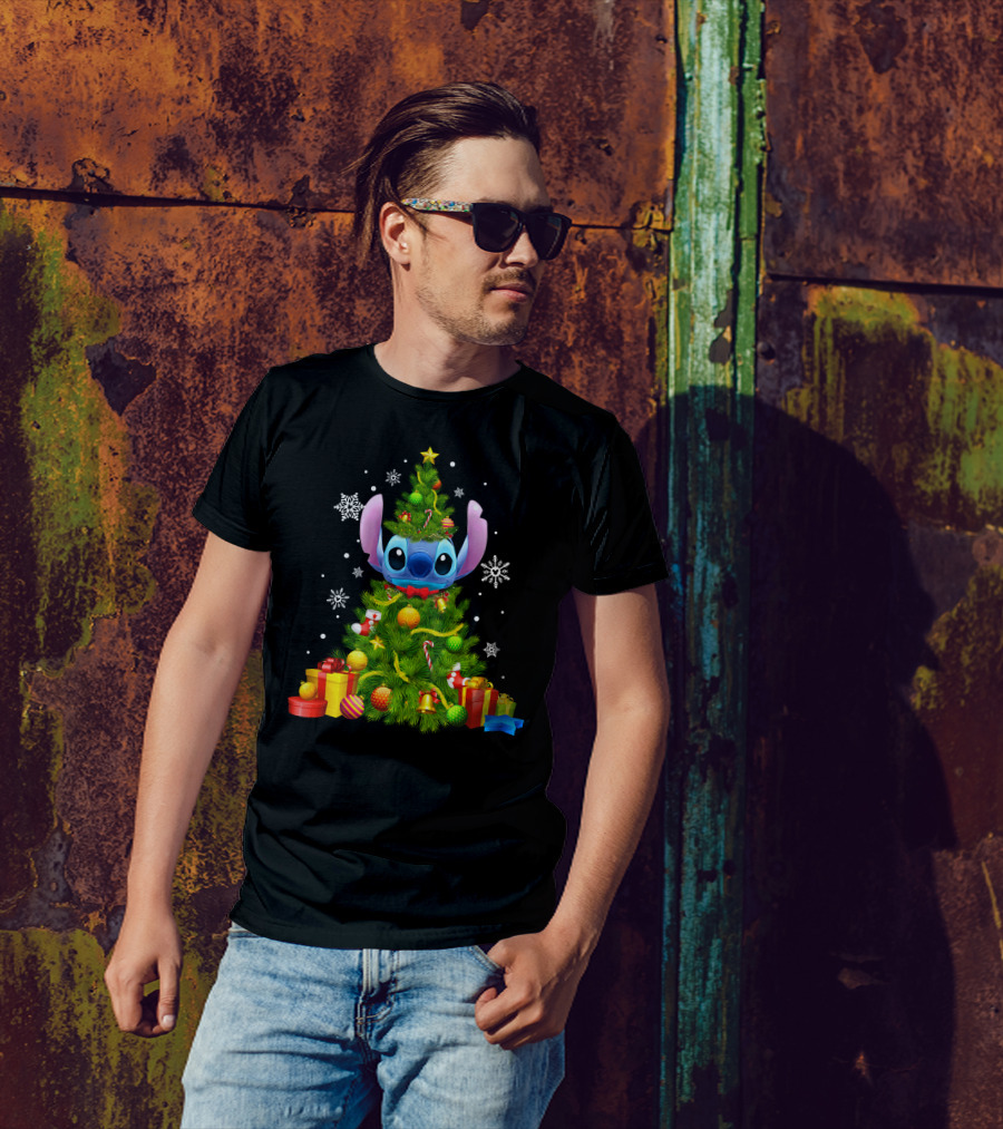 Stitch Christmas Tree With Gifts And Snowflakes T-Shirt