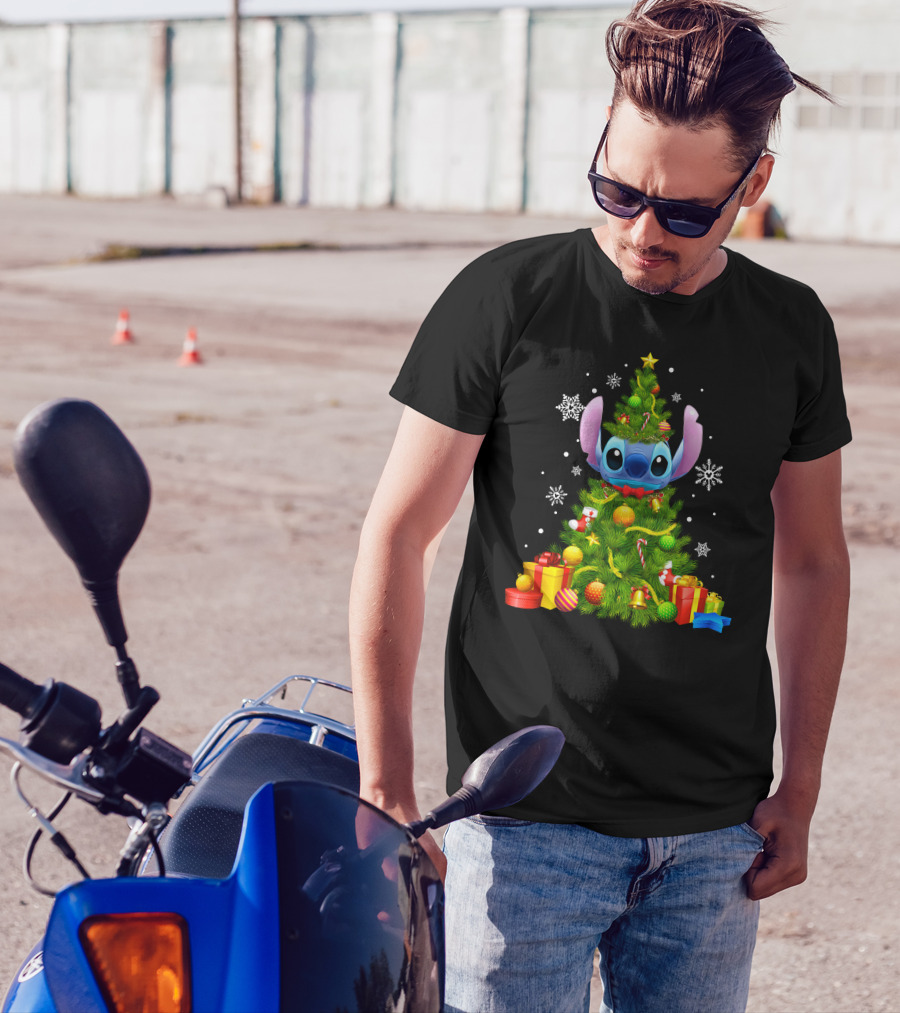 Stitch Christmas Tree With Gifts And Snowflakes T-Shirt
