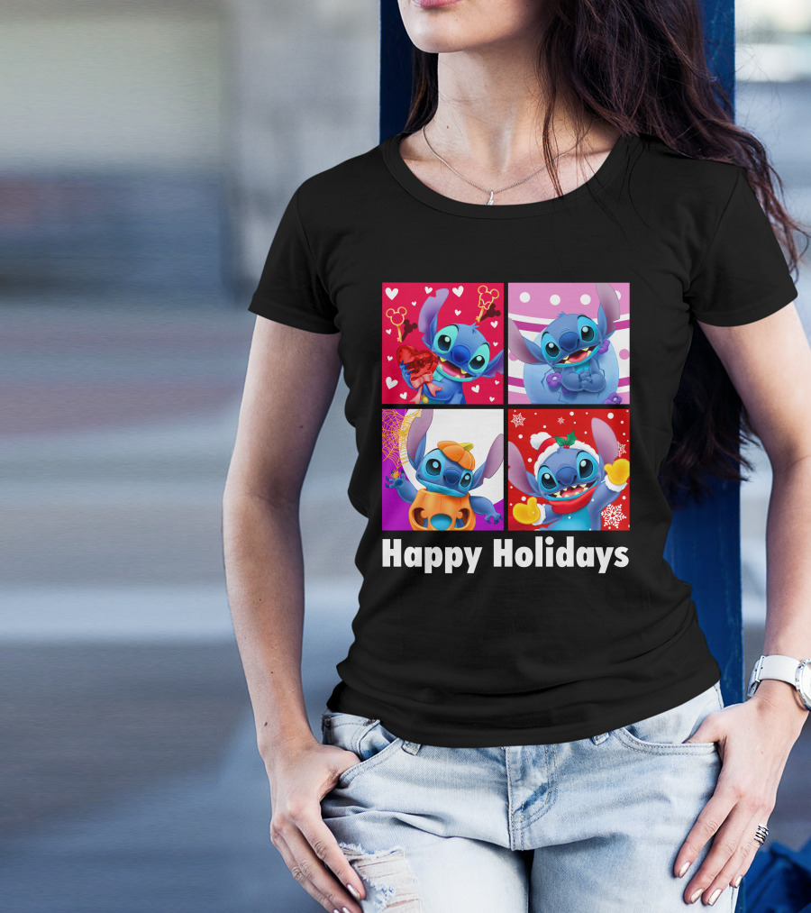 Happy Holidays Stitch Seasonal Mickey Hearts Christmas Pumpkin T-Shirt