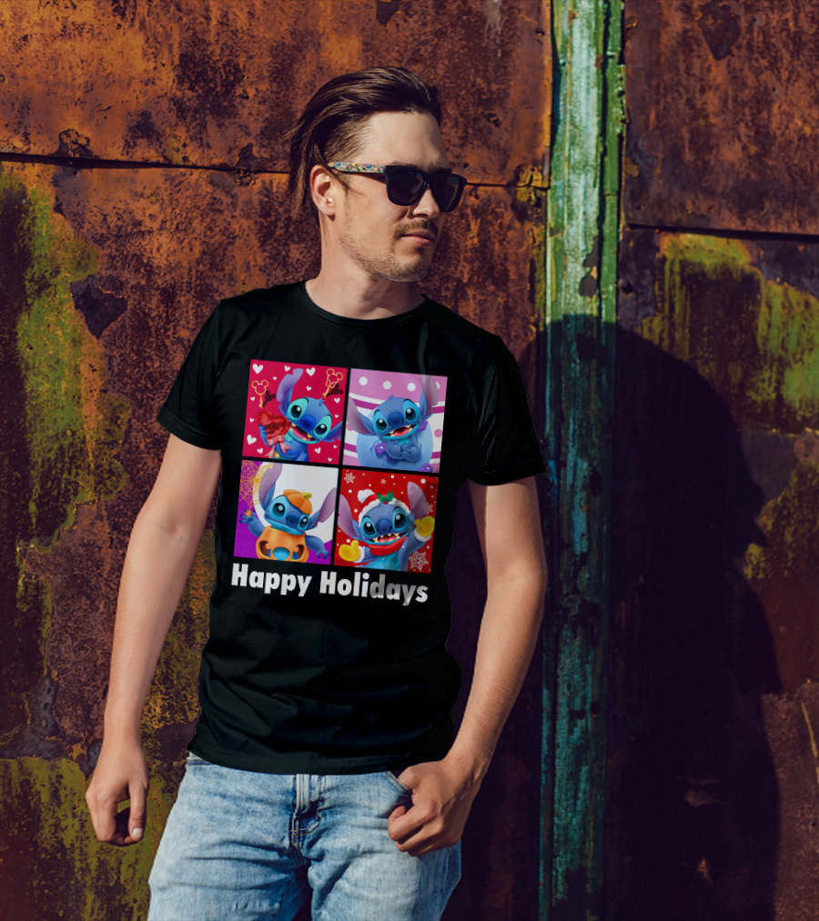 Happy Holidays Stitch Seasonal Mickey Hearts Christmas Pumpkin T-Shirt