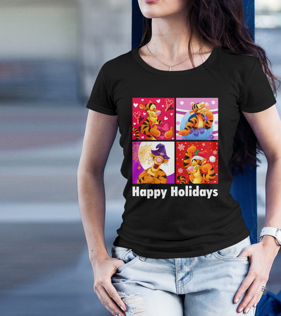 Happy Holidays Tigger Mickey Hearts Santa Halloween T-Shirt