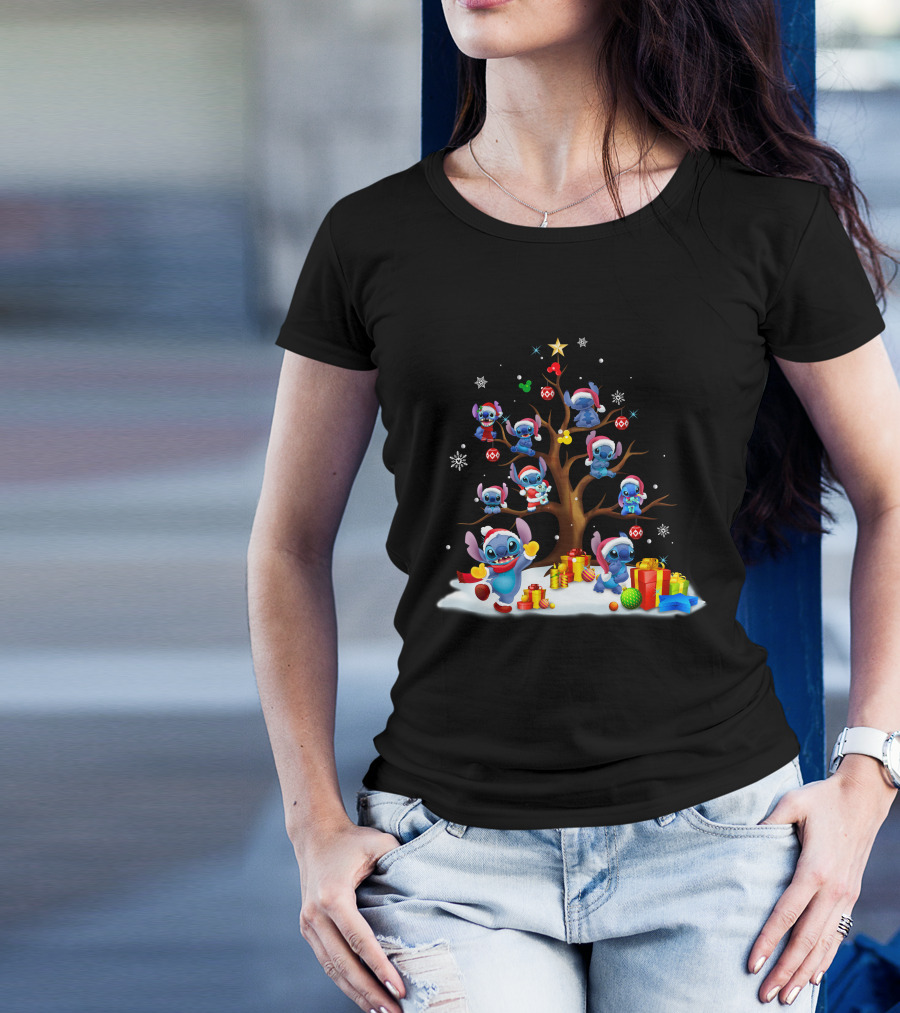 Stitch Christmas Tree With Santa Hats And Gifts T-Shirt