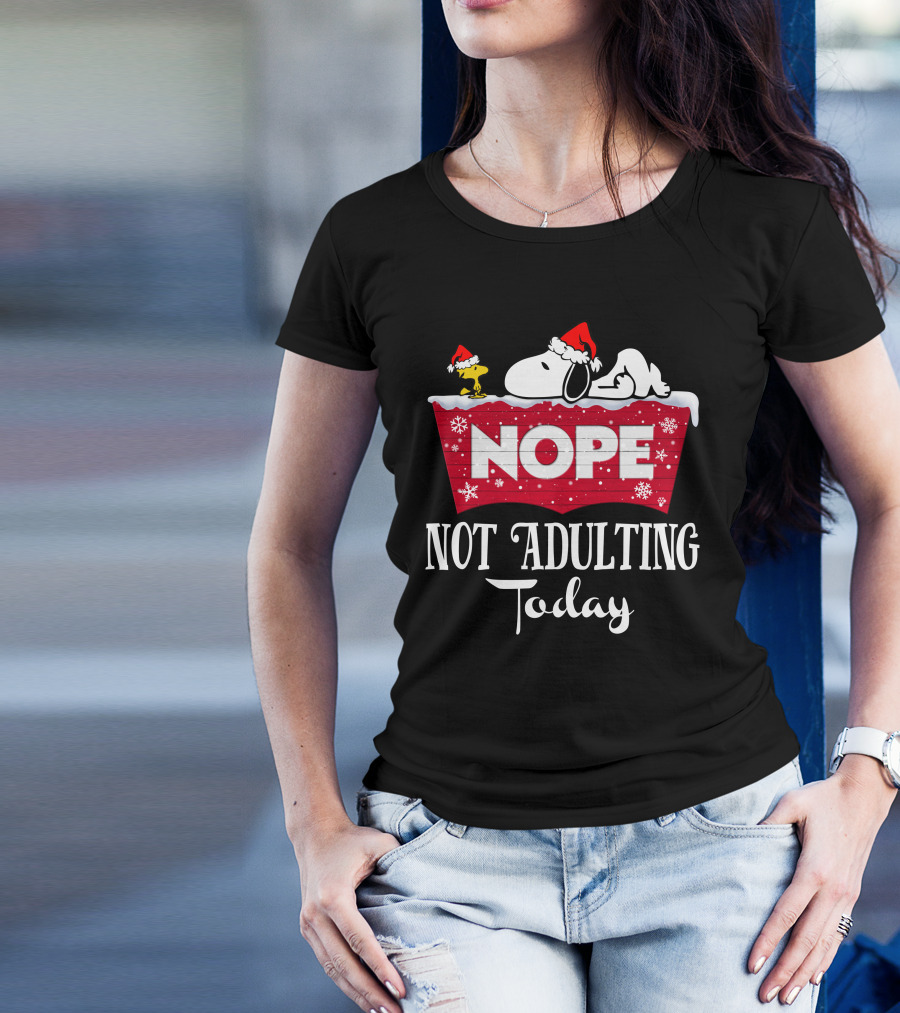 Snoopy Nope Not Adulting Today Christmas Santa Hat Snowflakes T-Shirt