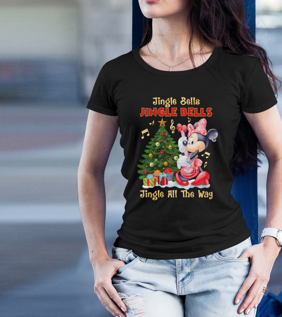 Jingle Bells Jingle Bells Jingle All The Way Minnie Christmas Tree Guitar T-Shirt