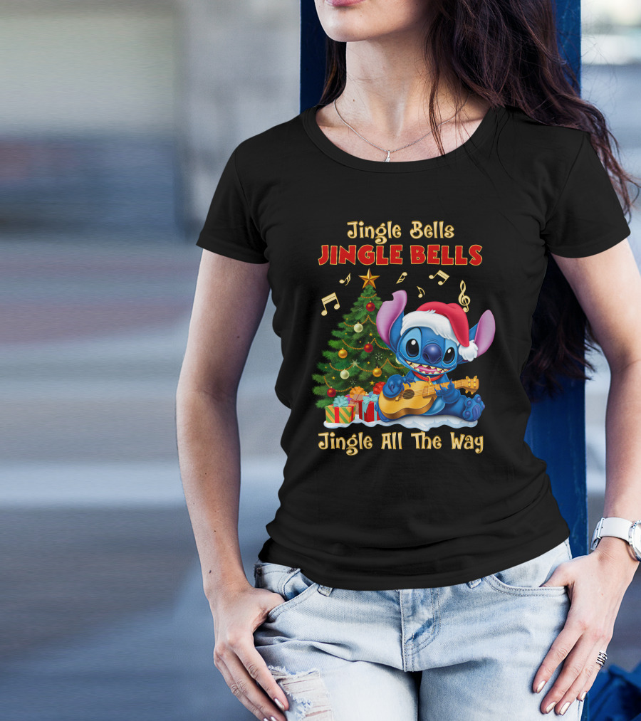 Jingle Bells Jingle Bells Jingle All The Way Stitch Christmas Tree Ukulele T-Shirt