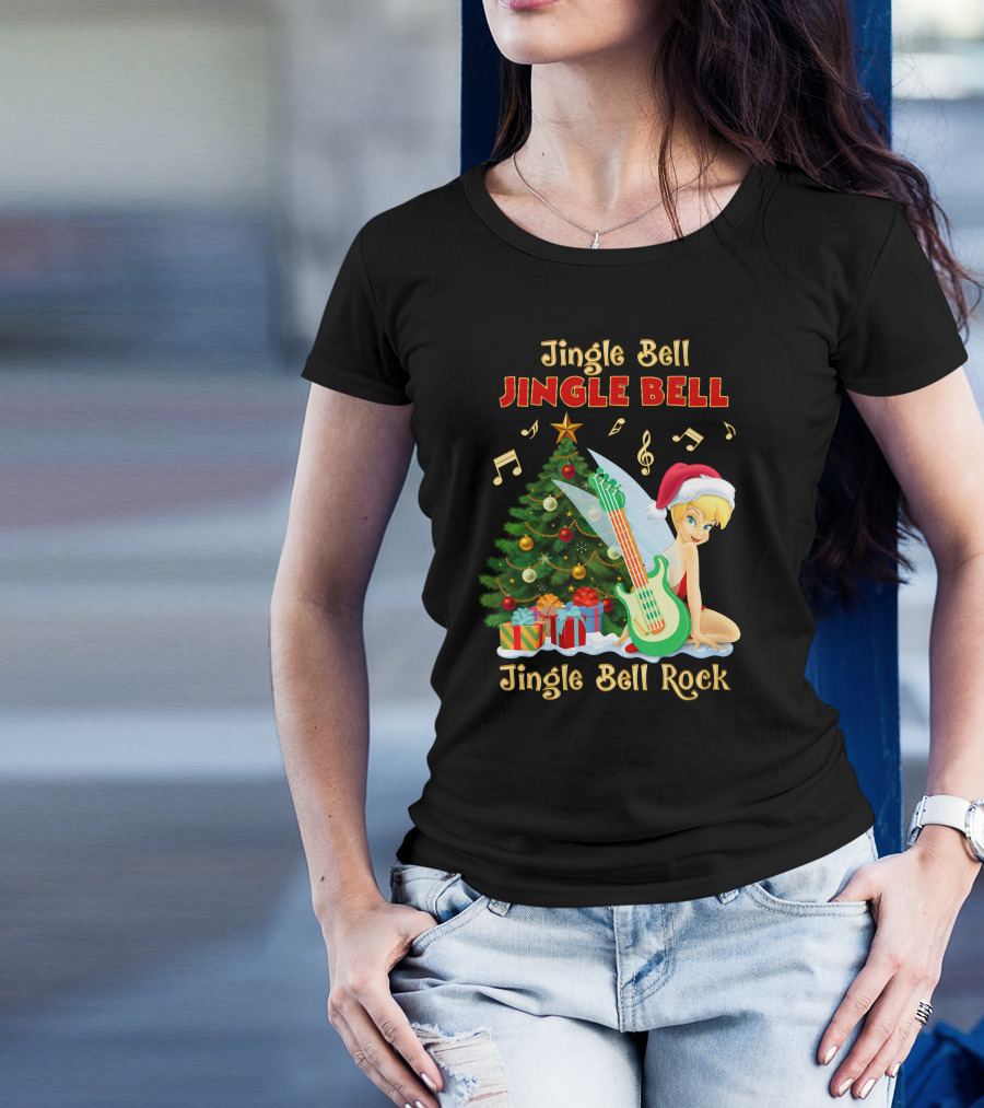 Jingle Bell Jingle Bell Jingle Bell Rock Christmas Tinkerbell Santa Hat Guitar Tree Music T-Shirt