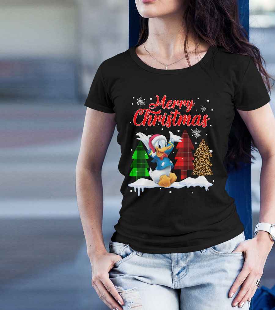 Merry Christmas Donald Duck With Festive Plaid And Leopard Trees T-Shirt