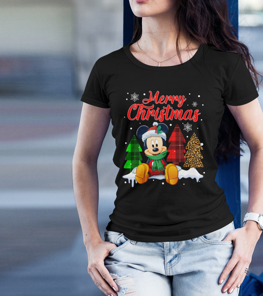 Merry Christmas Mickey Mouse With Plaid And Leopard Trees And Snowflakes T-Shirt