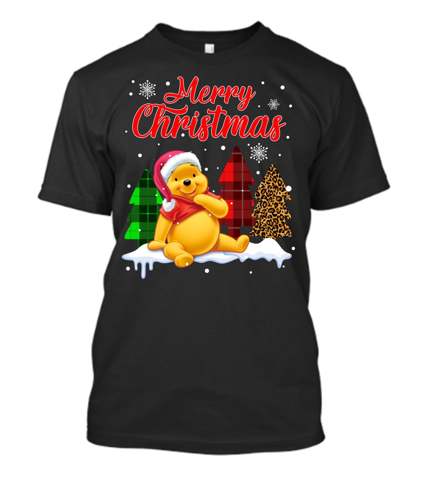 Merry Christmas Pooh Snowflakes Plaid Trees Santa Hat T-Shirt