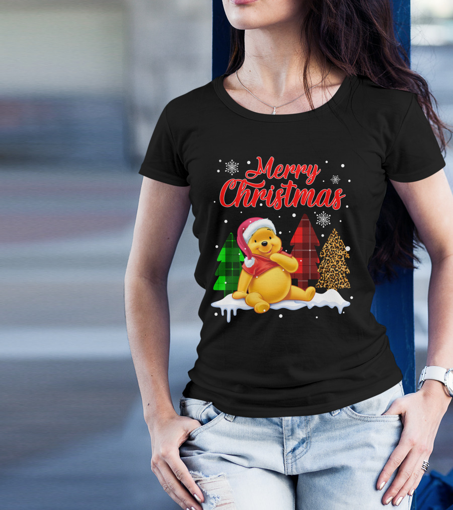 Merry Christmas Pooh Snowflakes Plaid Trees Santa Hat T-Shirt