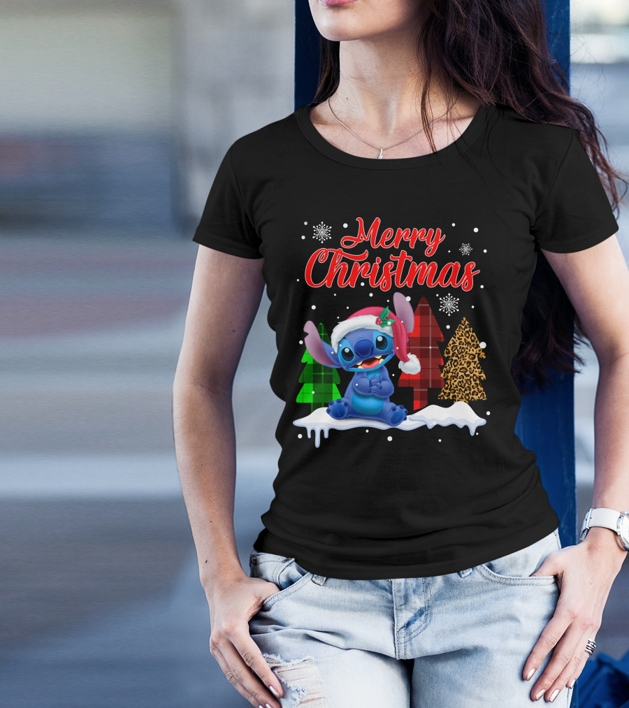 Merry Christmas Stitch Santa Hat Snow Plaid Trees T-Shirt