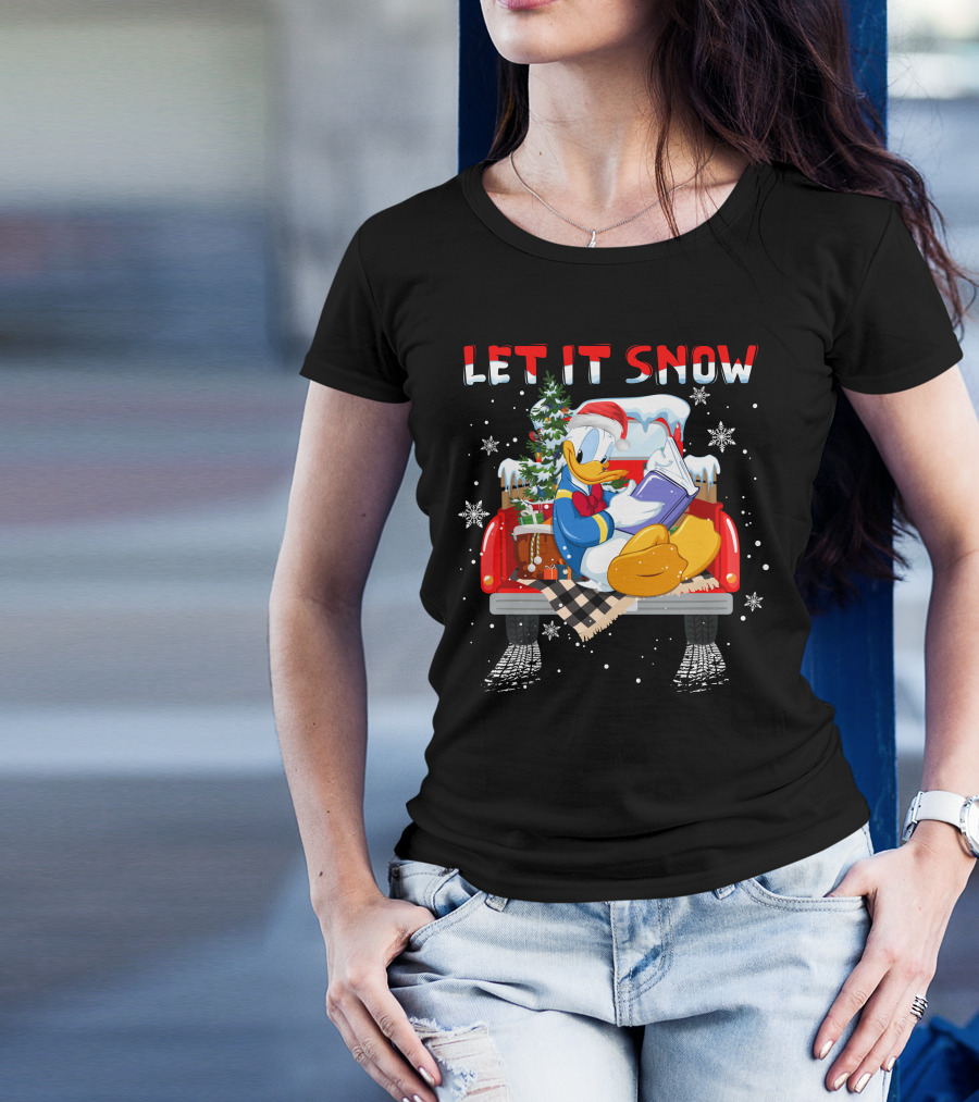Let It Snow Donald Santa Hat Reading Winter Snowflakes Christmas Tree Red Truck T-Shirt