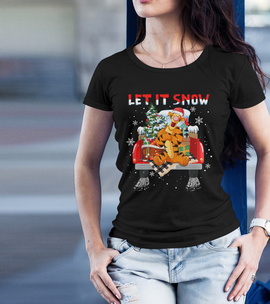 Tigger Let It Snow Christmas Tree And Presents In Snowy Red Truck T-Shirt