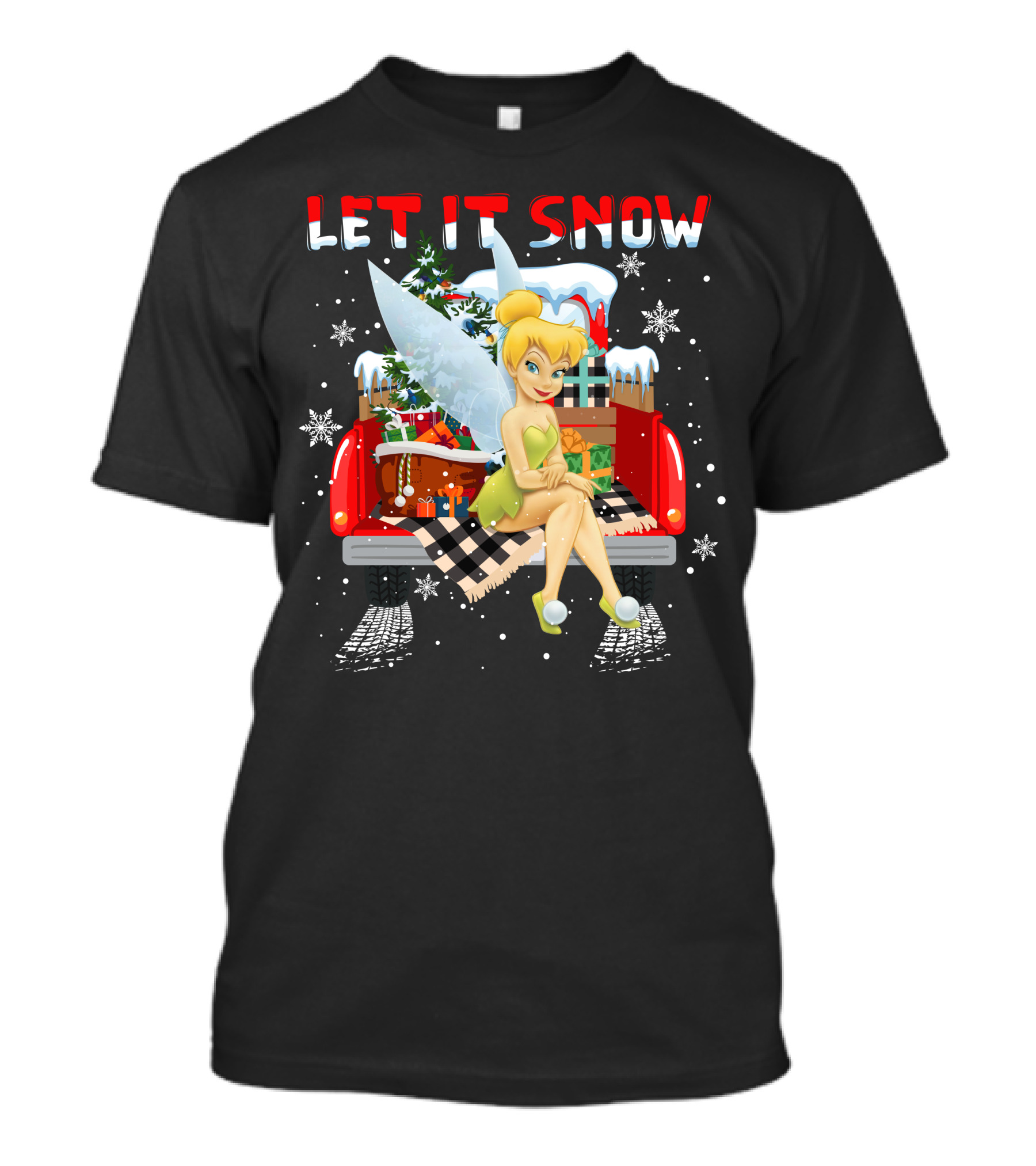 Let It Snow Tinkerbell Sitting On Truck With Gifts And Snowflakes T-Shirt