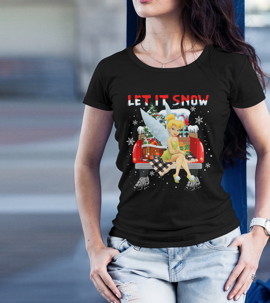 Let It Snow Tinkerbell Sitting On Truck With Gifts And Snowflakes T-Shirt