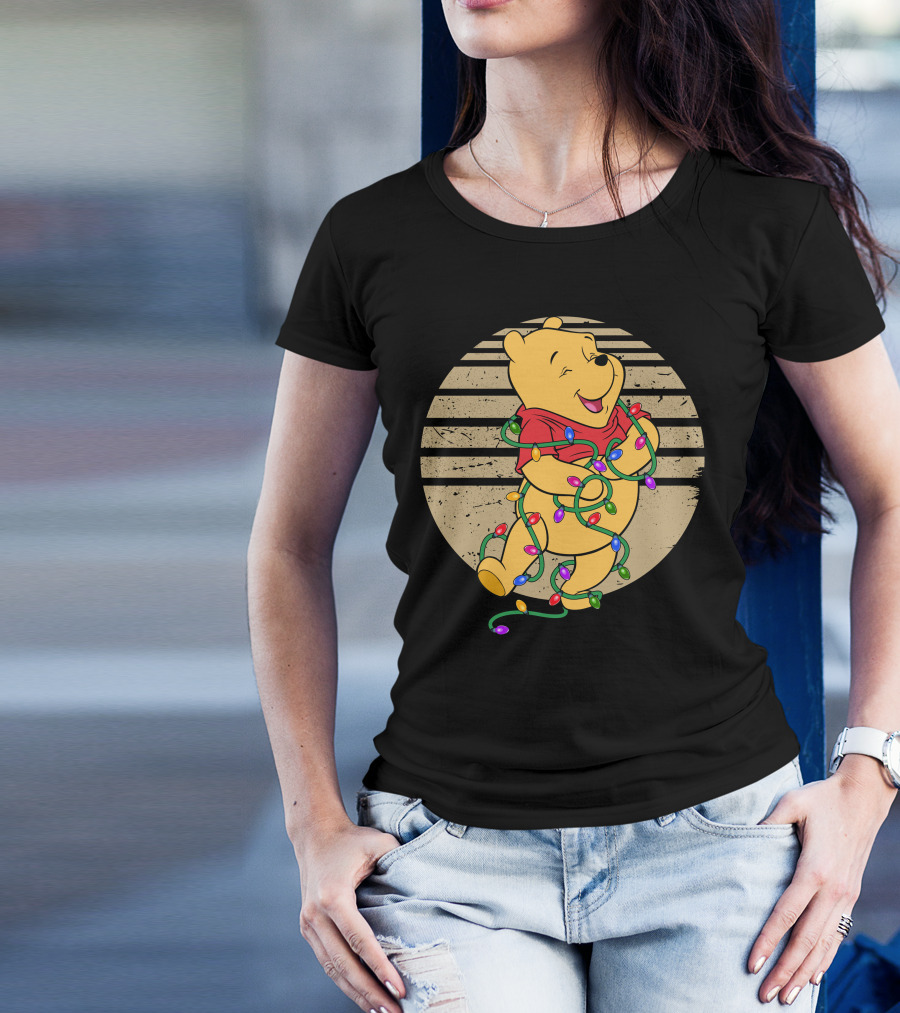 Pooh Wrapped In Christmas Lights And Stripes T-Shirt