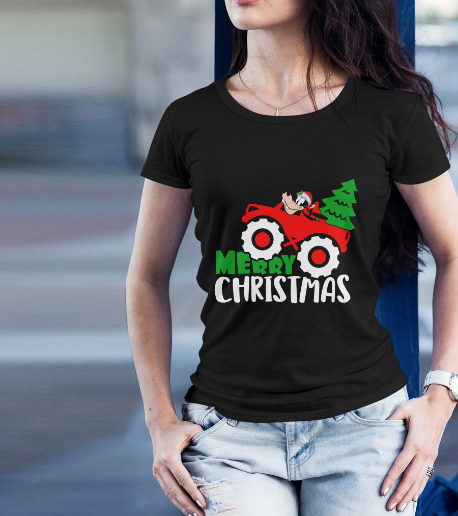 Merry Christmas Goofy In Santa Hat On Red Tractor With Christmas Tree T-Shirt