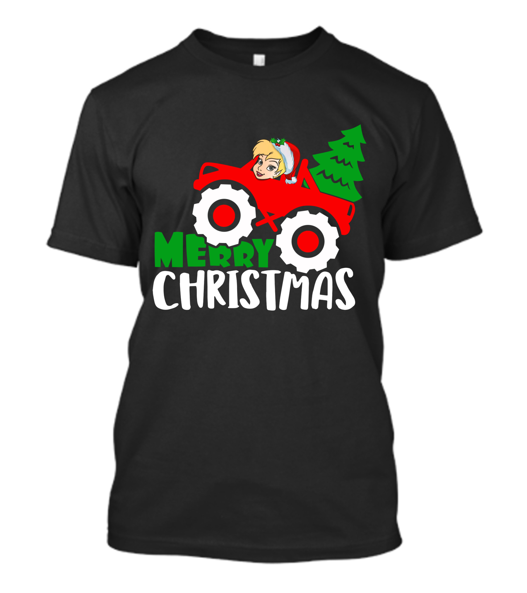 Merry Christmas Tinkerbell In Santa Hat Riding Tractor With Christmas Tree T-Shirt