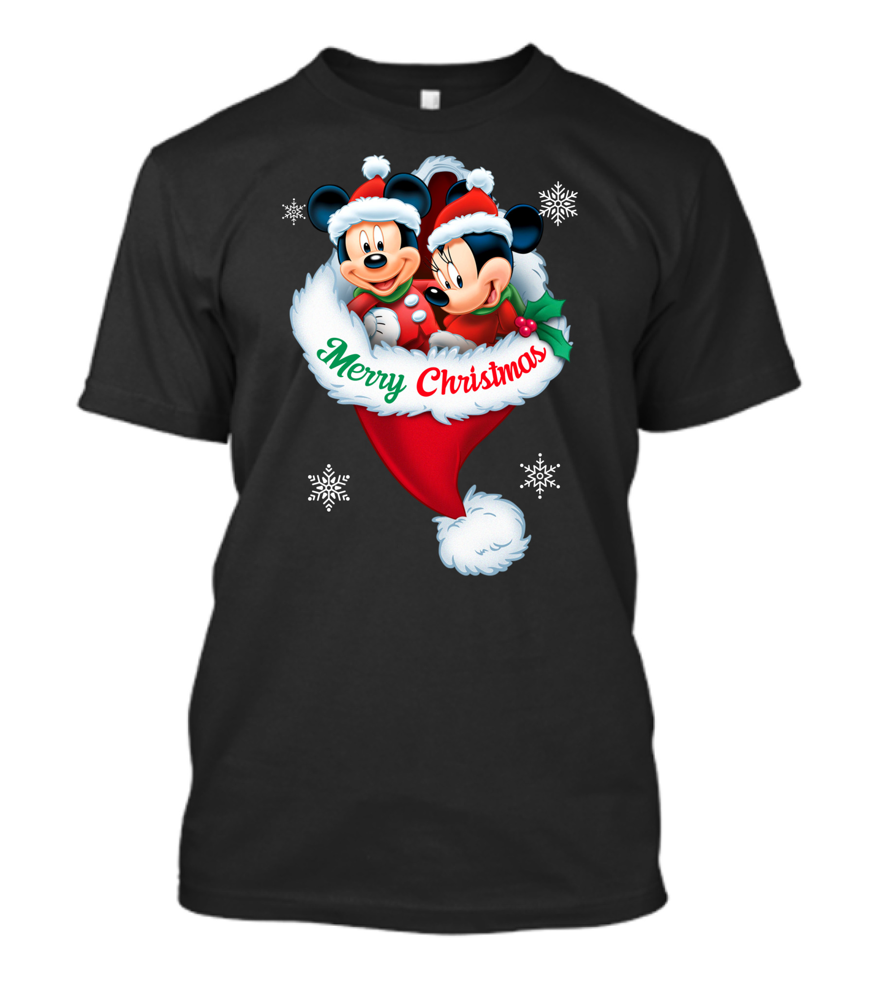 Merry Christmas Mickey Minnie Santa Hat Snowflakes T-Shirt