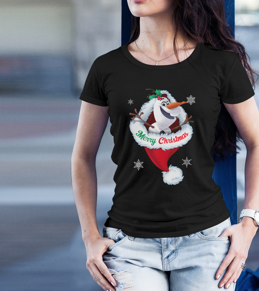 Olaf Merry Christmas Santa Hat With Snowflakes T-Shirt