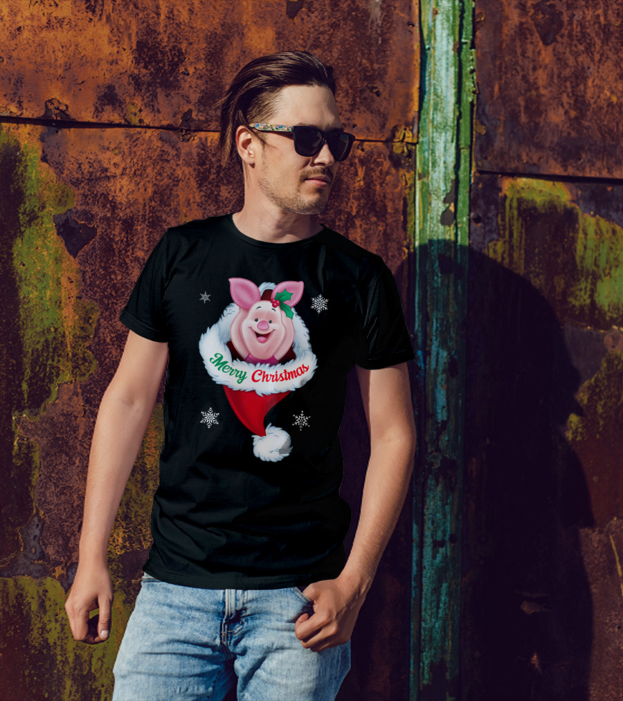 Piglet Merry Christmas Holiday Santa Hat Snowflakes T-Shirt
