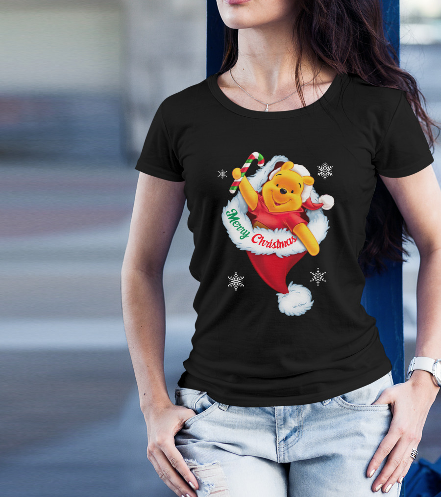 Winnie The Pooh Merry Christmas Santa Hat Candy Cane T-Shirt