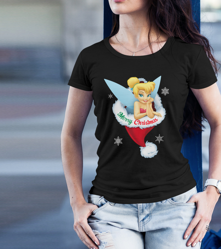 Tinkerbell Merry Christmas Santa Hat Snowflakes T-Shirt