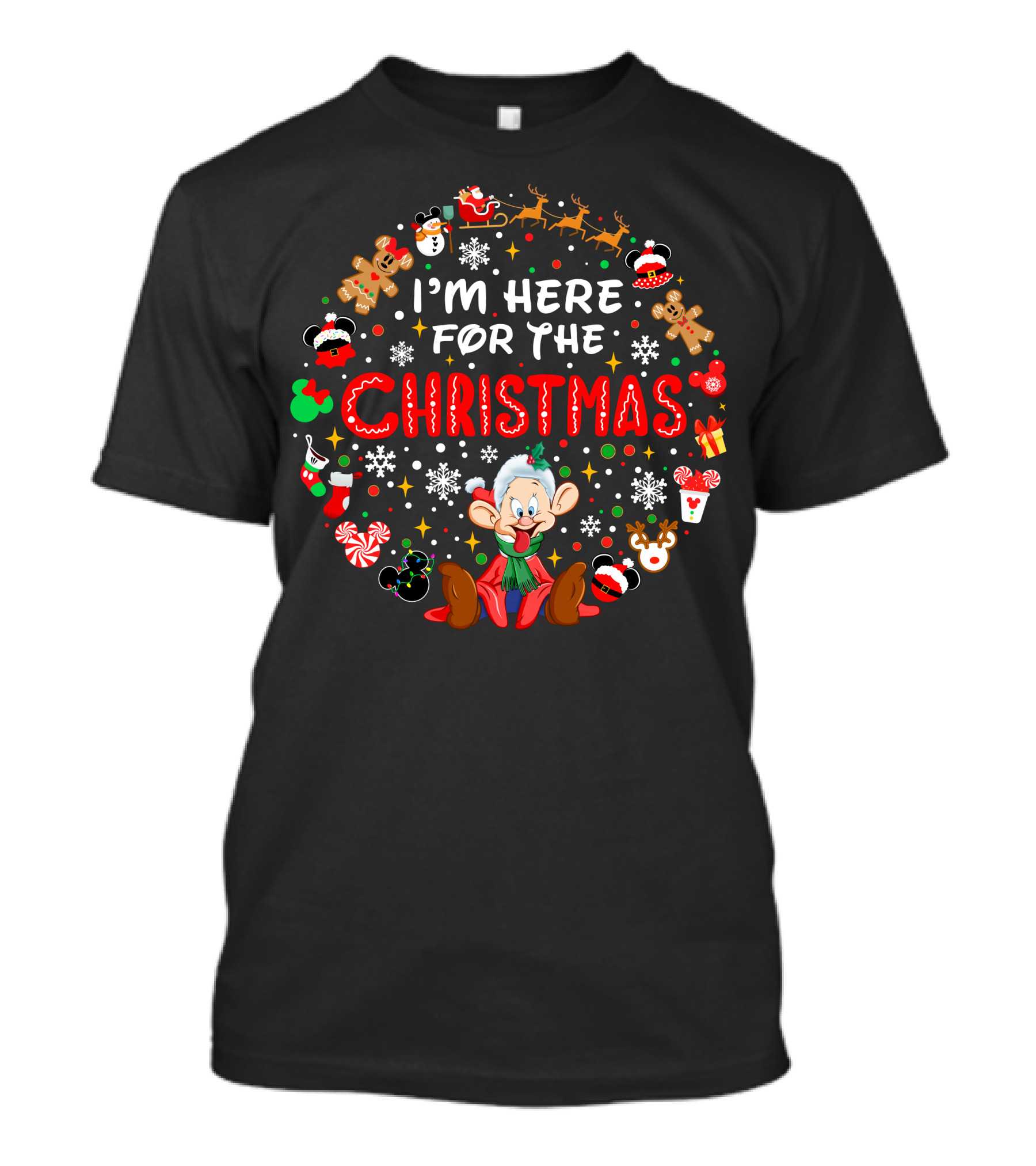 I'm Here For The Christmas Dopey Reindeer Snowflakes Gingerbread Santa Hat Fun T-Shirt