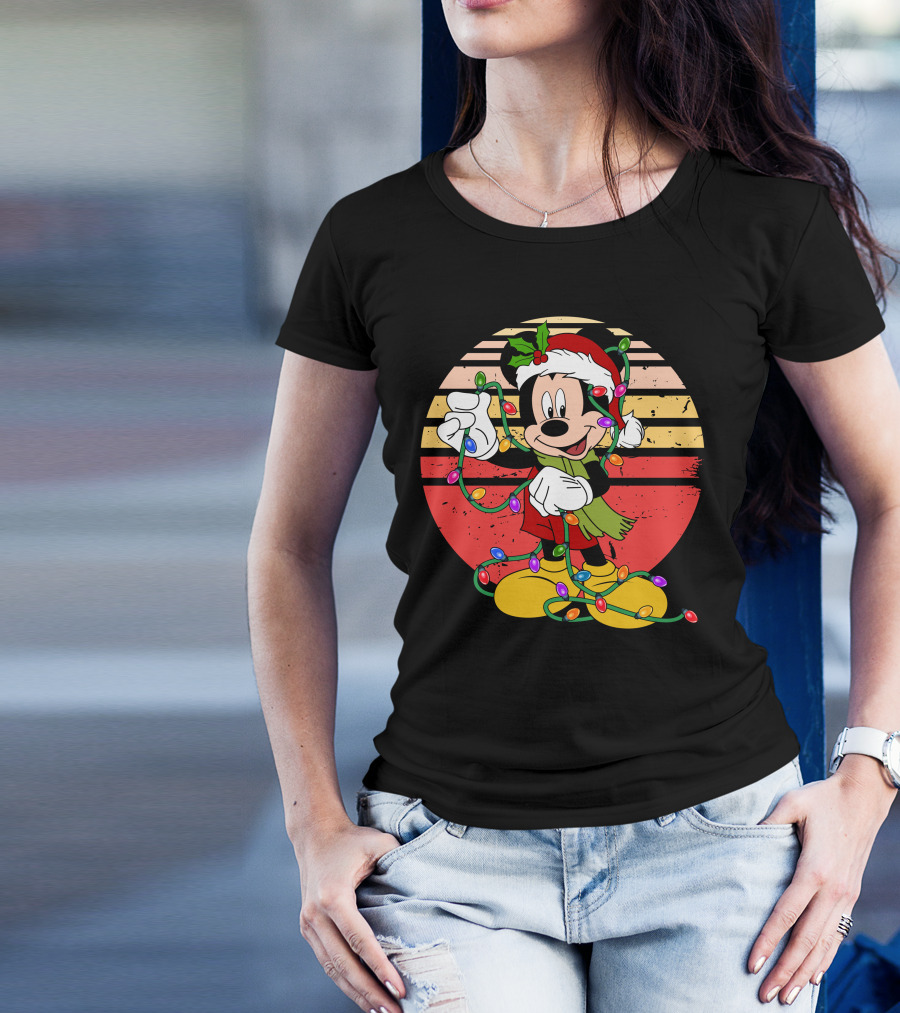 Mickey Christmas Lights Santa Hat Retro Holiday T-Shirt