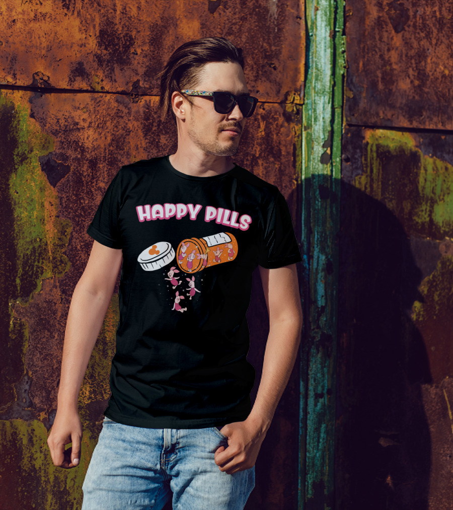 HAPPY PILLS Piglet Characters In Prescription Bottle T-Shirt