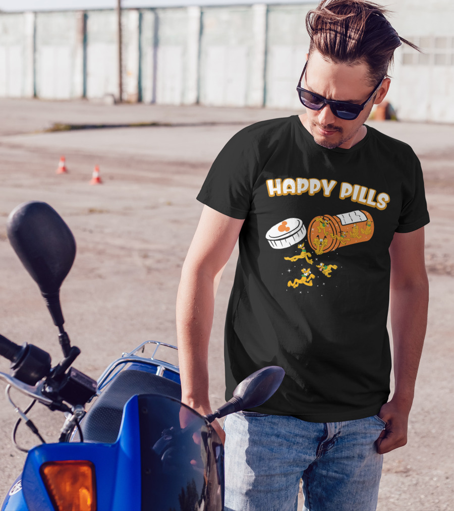 HAPPY PILLS Pluto Characters In Orange Pill Bottle T-Shirt