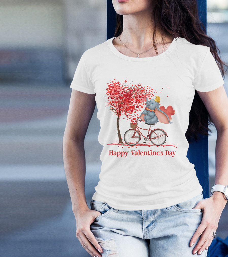 Happy Valentine's Day Dumbo With Hearts Bicycle T-Shirt